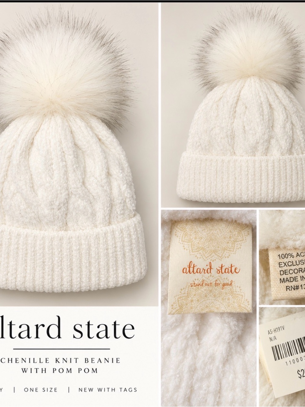Altar'd State Cream Chenille Cable Knit Beanie with Faux-Fur Pom